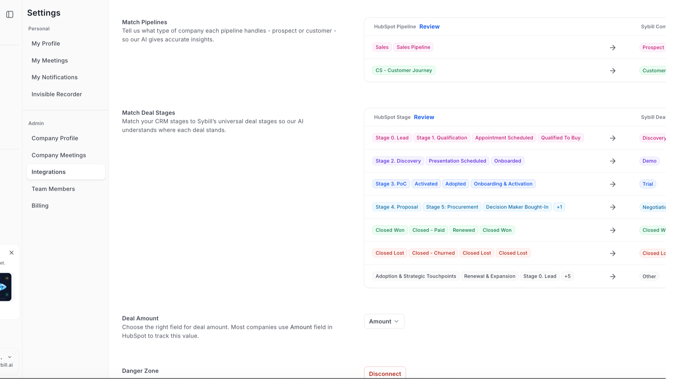 Configuración de Sybill CRM para la correspondencia con los procesos de ventas y las fases de los acuerdos de HubSpot