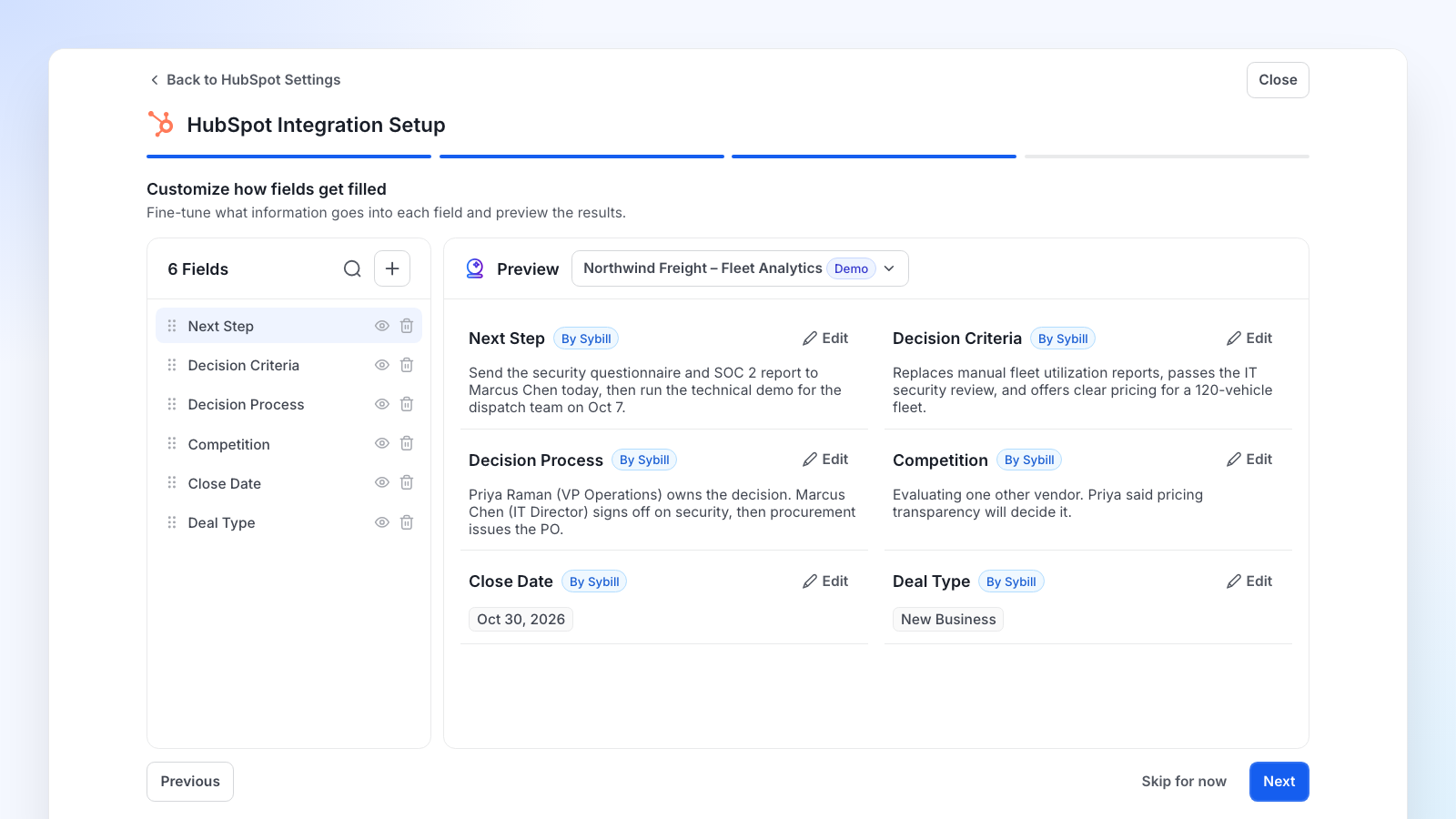 Configuración de Sybill en HubSpot que permite previsualizar campos de oportunidad rellenados por IA, como el siguiente paso, los criterios de decisión y la competencia para una oportunidad