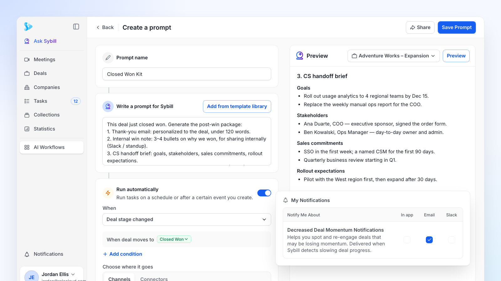 Flujo de trabajo de Sybill AI que se activa cuando un acuerdo de HubSpot pasa al estado «Cerrado y ganado», además de la configuración de alertas por correo electrónico para los acuerdos que pierden impulso